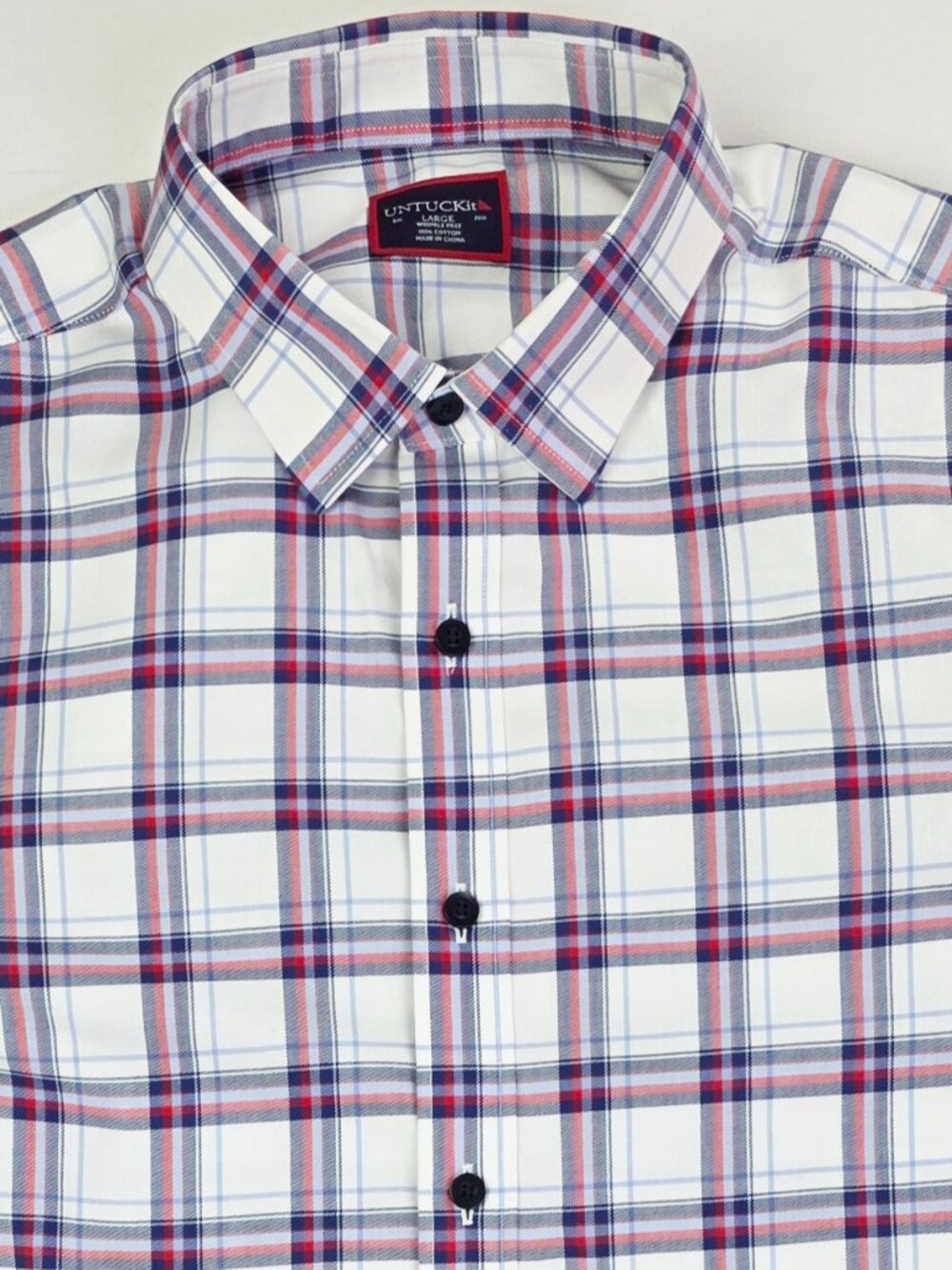 Untuckit Wrinkle Free White Blue Red Plaid Men Size Large Long Sleeve Logo Shirt